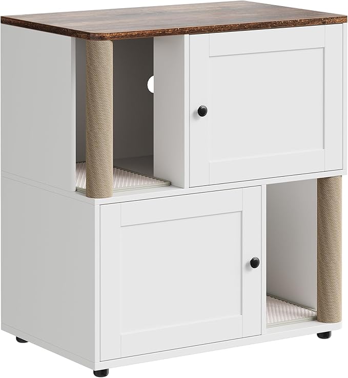Patikuin Double Cat Litter Box Enclosure for 2 Cats – Hidden Cabinet, Dual Layers, 2 Mark Mats, Sisal Marking Post, Dog-Proof Modern End Table –White