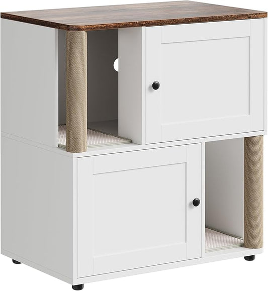 Patikuin Double Cat Litter Box Enclosure for 2 Cats – Hidden Cabinet, Dual Layers, 2 Mark Mats, Sisal Marking Post, Dog-Proof Modern End Table –White