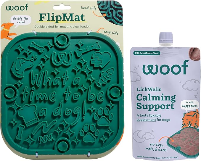 WOOF FlipMat Easy-to-Clean Lick Mat for Dogs - Slow Feeder Mat with Double-Sided-Non-Slip Design + LickWells Calming Support - Dog Lick Mat Spread and Calming Supplement for Dogs