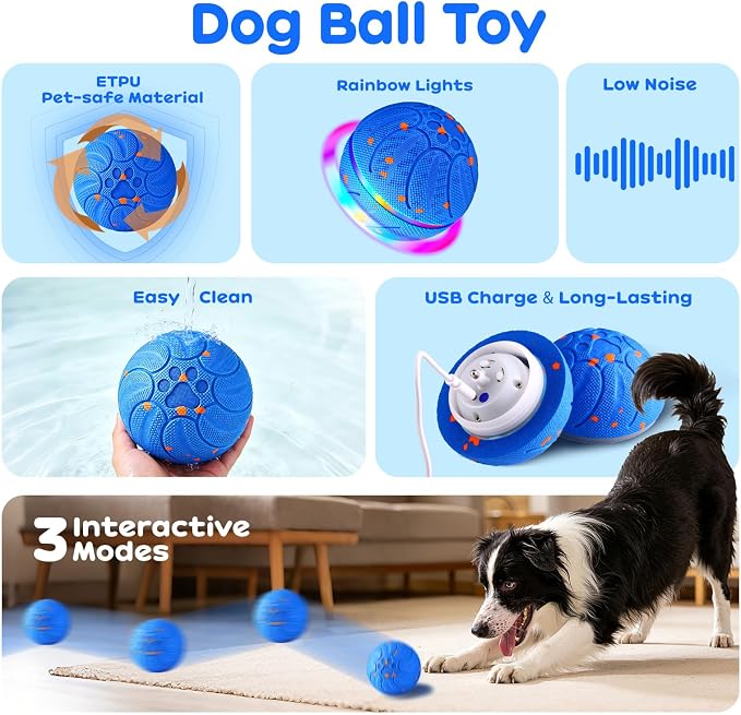 Smart Interactive Dog Toys, Colorful Led Lights, Blue | Upgraded Chew-Resistant E-TPU, Auto-Bounce & Rotating, Obstacle Avoidance, IPX7 Waterproof