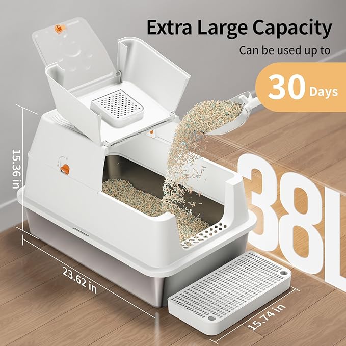 Stainless Steel Cat Litter Box with Lid, 180° Flip-Top XL Extra Large Enclosed Litter Box, Covered Metal High Sided Litter Pan with Steps & Scoop, Easy Cleaning, Odor Control,Non-Sticky-White