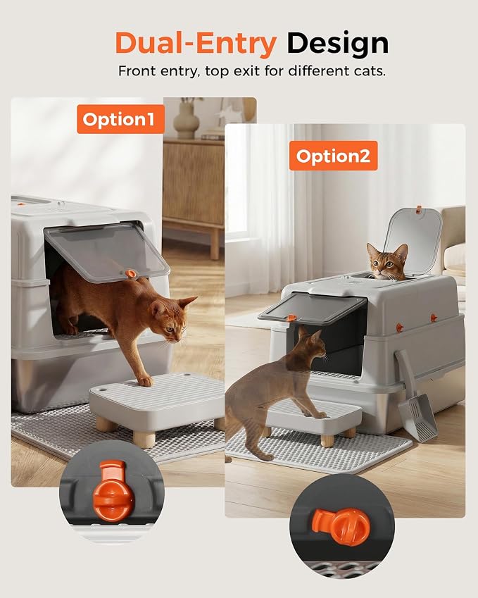 XXXL Stainless Steel Cat Litter Box with Lid, 27.5"×20.1"×17.3" Jumbo Enclosed Litterbox,Dual-Entry (Front Entry & Top Exit),High-Sided,Non-Stick,Odor Control,for Big Cats, with Mat,Scoop & Step,Grey