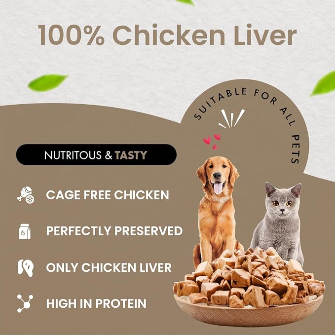 Chicken Liver Dog Treats | Freeze Dried Liver Treats for Dogs, 100% Human Grade, Single Ingredient | Grain-Free Kitten Treats, High Protein | No Additives or Preservatives | Tested in USA | 3.2 oz