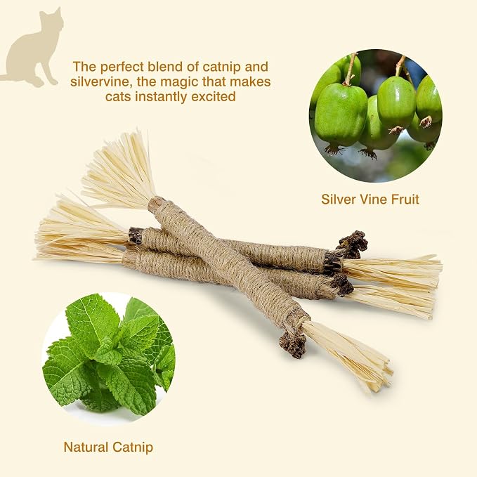 Silvervine Sticks for Cats - Cat Chew Toy for Teeth Cleaning, Edible Matatabi Kitty Chew Sticks, Catnip Cat Toys for Indoor Cats (4, Grey)