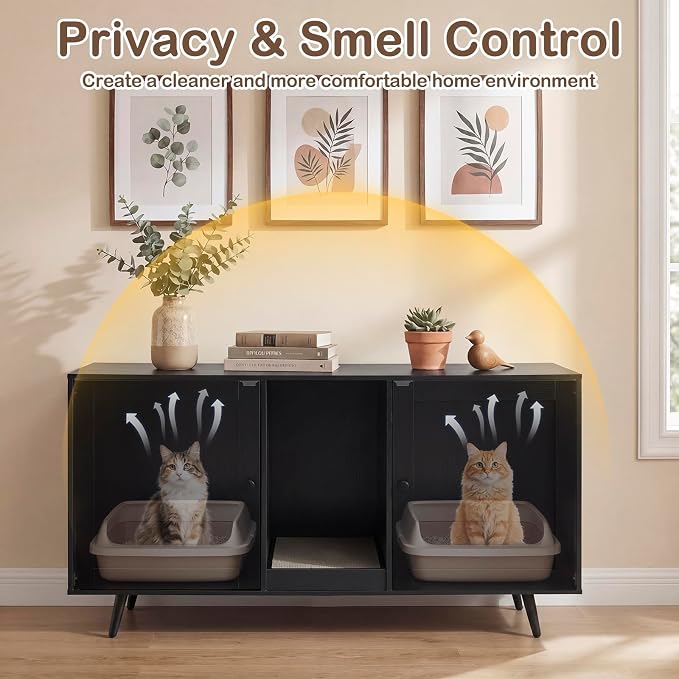 Tangkula Double Cat Litter Box Enclosure, Large Hidden Wooden Cat Cabinet for 2 Cats with Scratching Pad, Double Rooms, Versatile TV Stand Side Table for Indoor Living Room