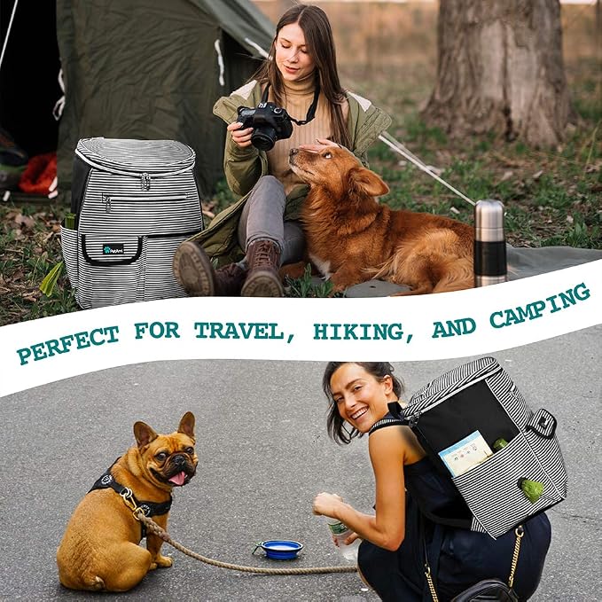 PetAmi Dog Travel Bag Backpack, 27L Airline Approved Pet Supplies Organizer with 2 Food Containers, 2 Collapsible Bowls & Poop Bag Dispenser, Weekend Road Trip Camping Dog Mom Gift, Stripe Black