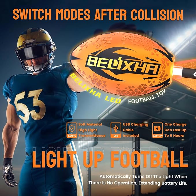 Glow in The Dark Football with Tail | Rechargeable Light Up Foam Ball for Kids 3+ | Motion-Activated LED Outdoor Toy for Night Backyard Games & Camping (Black)