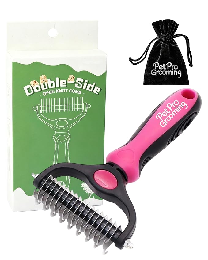 Tool, 2-In-1 Deshedding Dog Brush, Double-Sided Grooming Tool for Thick Coats, Rounded-Tooth Comb for Painlessly Removing Knots and Loose Hair (Pink-Large)