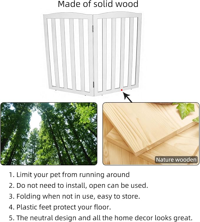 Freestanding Dog Gate Indoor,Doggie Gate Foldable Pet Gates for Doorways,Stairs or Hallways, Wooden White Pet Gate for the House, Pet Fence,32 "Height-2 Panels