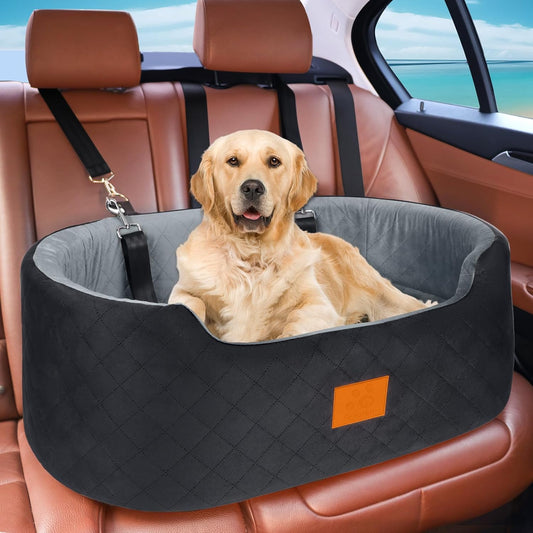 Dog Car Seat for Medium Dogs Up to 50 lbs, Pet Booster Seat for Cars SUVs and Trucks, Travel Dog Bed with Safety Strap, Thick Cushion, Non-Slip Base, Washable and Portable(Black/Gray