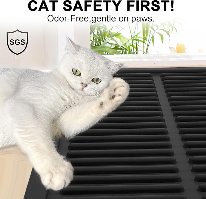 Extra Large Litter Mat: XL 39"x29" Silicone Waterproof Groove Design Litter Trapping Mat Easy to Clean for Multiple-Cats - Jumbo Non-Slip Cat Box Rug for Floor (Black)