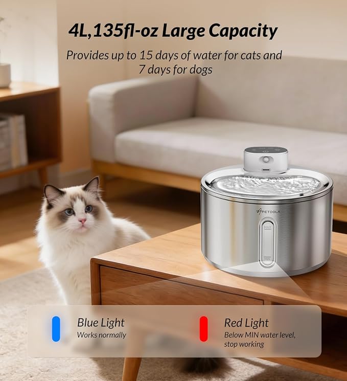 Cat Water Fountain Stainless Steel,135fl-oz/4L Wireless Cat Fountain Battery Operated Pet Fountain with 5 Filters for Dogs Cats Indoor