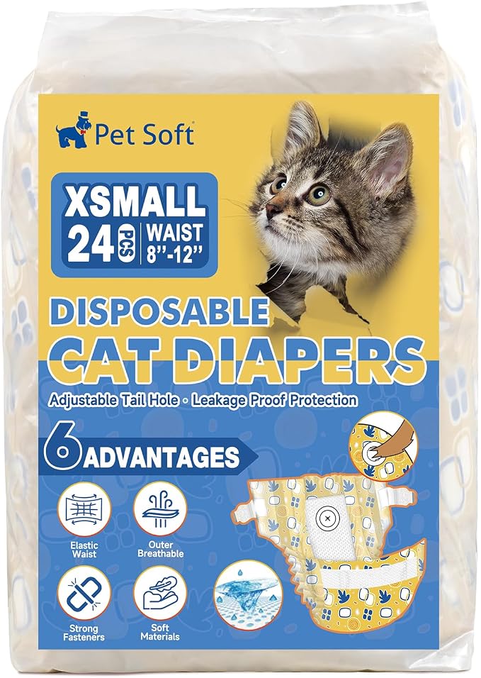 Pet Soft Disposable Cat Diapers - Diaper for Female & Male Cats, Puppy Doggie Diapers for Female Dogs with Adjustable Foam Tail Hole, X-Small (24Pcs, Yellow)