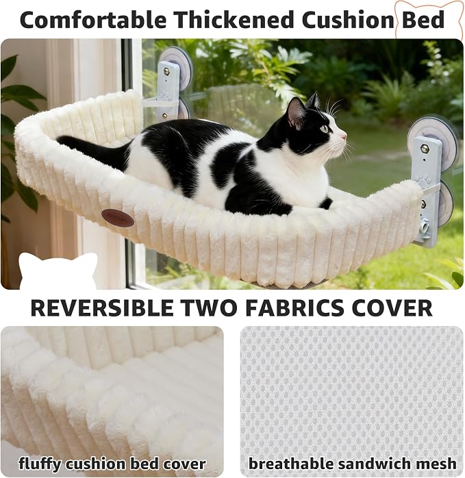 Woochpet Cordless Cat Window Perch, Large Size Hammock with 4 Strong Suction Cups, Cat Hammock for Window with Two Fabrics Cover, Foldable Bed for Cats, White