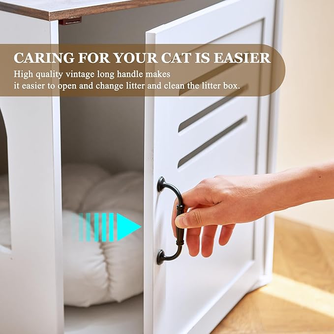 Corner Litter Box Enclosure for 2 Cats, 31.5in Hidden Litter Box Furniture, Litter Box Cabinet with Double Room, Indoor Cat House End Table, Retro White