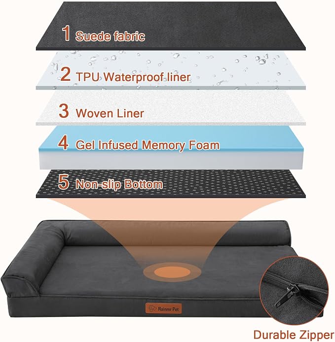 Rainmr Orthopedic Dog Bed for Large Dogs, 44"x32"x6" Memory Foam Pet Bed with Washable Microsuede Cover, TPU Waterproof Liner & Nonskid Bottom, for Indoor, Outdoor, Crate ＆ Car Use, Dark Grey