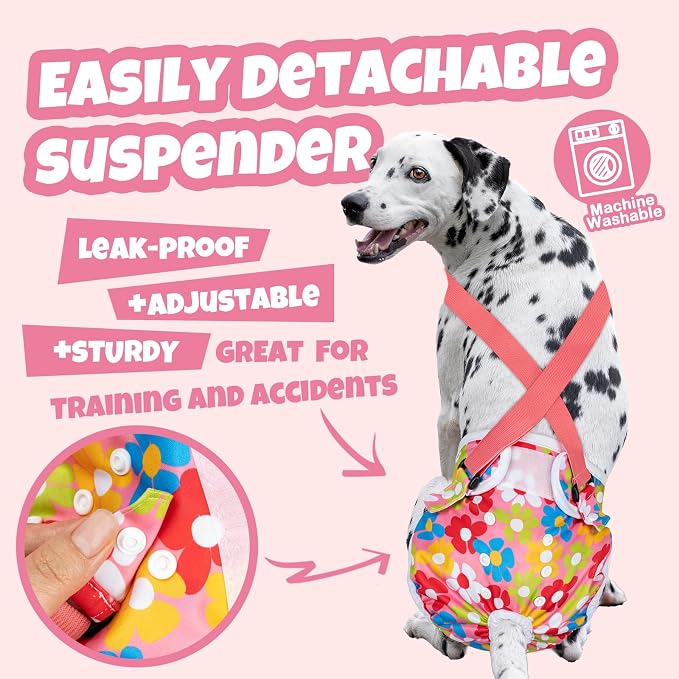 Pet Soft Dog Diapers Female with Suspenders, 3 Pack Reusable Female Dog Diapers for Heat, Dog Period Panties for Doggie in Cycle(X-Small, Floral)
