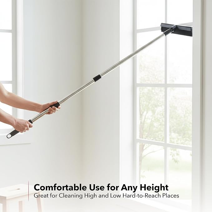 OVENTE Carpet Rake Rubber Broom for Pet Hair Removal with Squeegee, Detailing Lint Fur Remover Brush, Dustpan and 50” Handle, Cleaning Tools Set for Rug, Hardwood Floor, Tile and Window, Grey CT2504GY