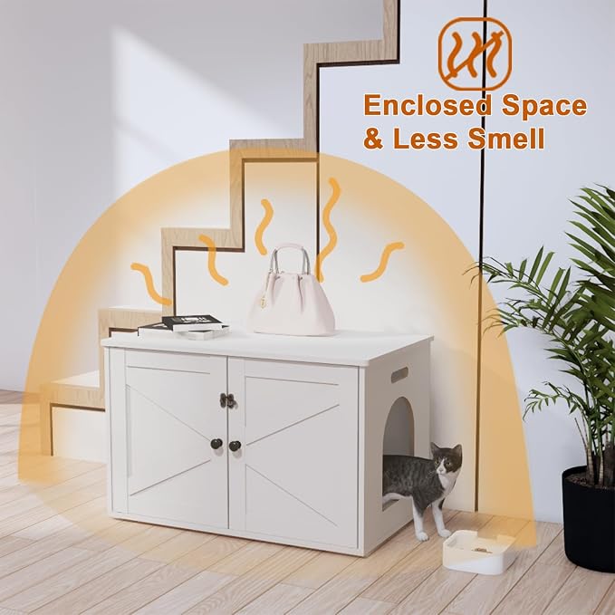 Timberer Cat Litter Box Enclosure, Litter Box Furniture Hidden with Removable Divider, Wooden Cat Washroom Furniture, Indoor Cat House, White