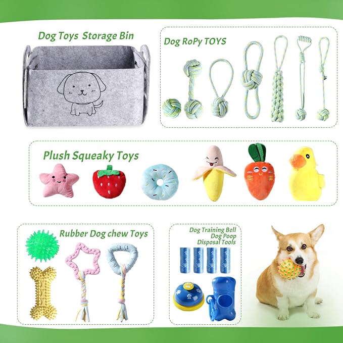 Dog Toy Set, 24 Pack Puppy Teething and Rope Chew Toys with Storage Box, for Small and Medium Dogs
