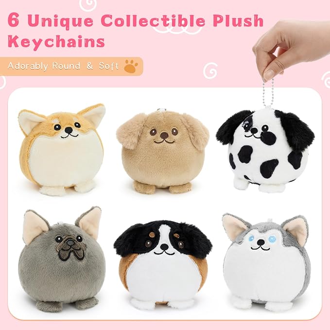 Muiteiur 6PCS Dog Plush Keychain Set, 3.94 Inch Cute Mini Stuffed Animal Charms, Soft Squishy Puppy Keychains for Backpacks, Party Favors & Gifts for Kids, Teens & Dog Lovers