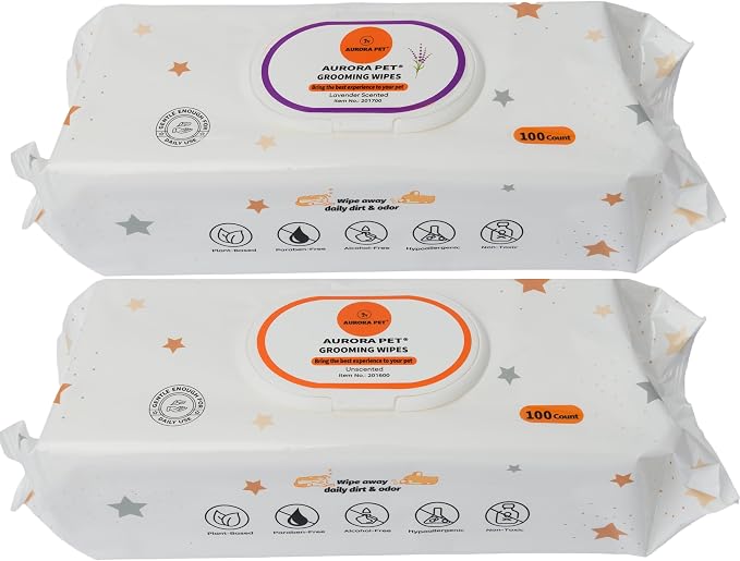 Aurora Pet Wipes – 100% Natural, Plant-Based Hypoallergenic Grooming Wipes for Dogs & Cats – Extra-Durable, Large & Thick for Effortless Cleaning (Combo, 200 Count)