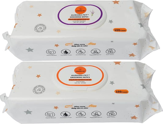 Aurora Pet Wipes – 100% Natural, Plant-Based Hypoallergenic Grooming Wipes for Dogs & Cats – Extra-Durable, Large & Thick for Effortless Cleaning (Combo, 200 Count)
