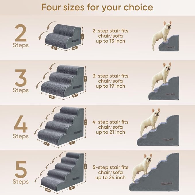 PAWSCRAT Dog Stairs for Small Pets, 11.8" H with 30D Material Soft Foam, Portable Ramp Non-Slip Surface Non-Slip for Couch and High Bed Climbing, 2-Step Stairs for Cat or Dog, Grey