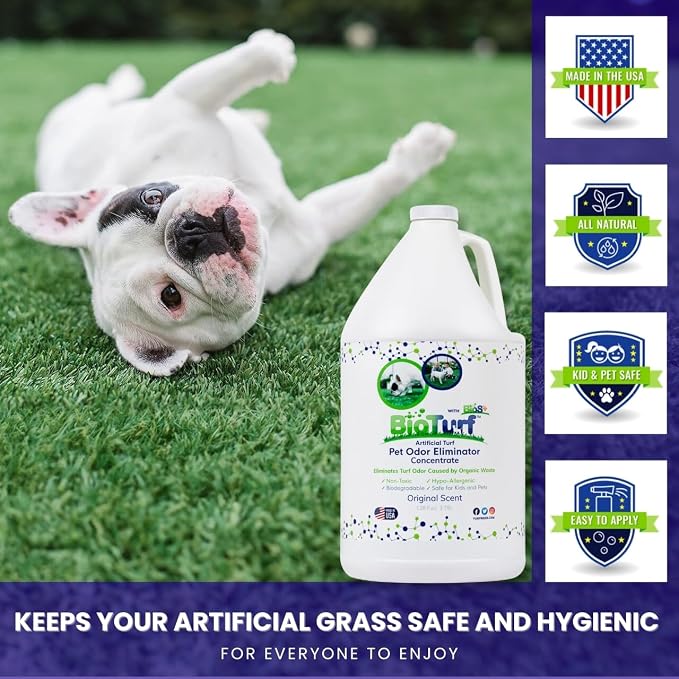 BioTurf BioS+ Turf Cleaner for Pet Urine Outdoor – Artificial Turf Cleaner Deodorizer Concentrate – Fake Grass & Yard Deodorizer for Dog Urine & Feces – Enzyme Kennel Odor Eliminator 1 Gallon