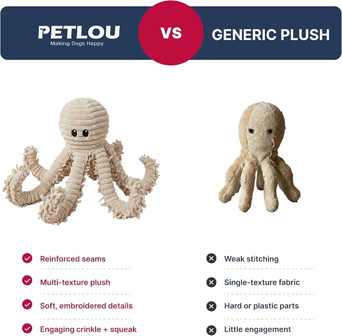 petlou Durable Natural Nubby Plush Dog Toys with Squeaker and Crinkle Paper in Multi-Size (Natural Octopus - L, 18 Inch)