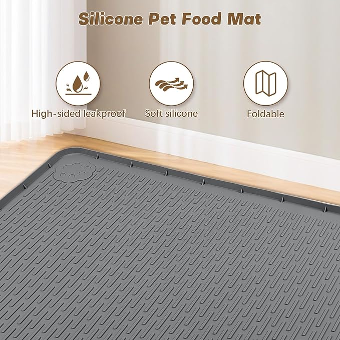 Cat Food Mat, 40" x 40" Extra Large Silicone Pet Feeding Mat with Raised Edge Pet Placemat for Food and Water Bowl Non-Slip, Easy to Clean, Floor Protection (Dark Grey)