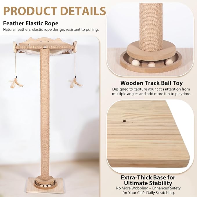 Fantasreen Cat Window Hammock 48" Adjustable Scratching Posts, Multi-Level Window Mounted Cat Tree with Natural Sisal and Track Toys for Large Cats, Climbing, Sunbathing & Bird Watching (Drill-Free)