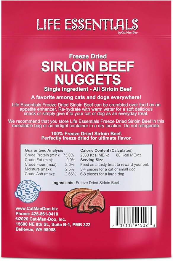 Life Essentials by Cat-Man-Doo | Sirloin Beef Nuggets - 3oz. Bag | Cooked & Freeze Dried Beef for Cat & Dog Treats | Healthy, Single Ingredient, Training Treats, High Protein