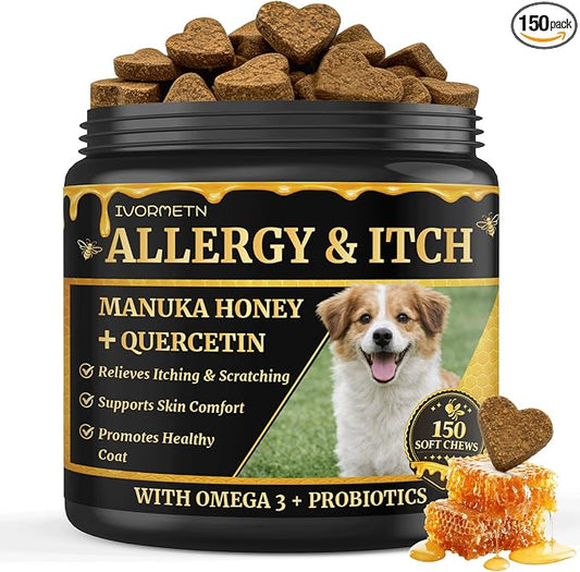 Manuka Honey for Dogs - Allergy & Itch Relief Chews - Skin Comfort & Coat Health - with Quercetin,Krill Oil,Colostrum &Probiotics - Stop Paw Licking, Soothe Itchy Ears & Yeast Balance - 150 Soft Chews