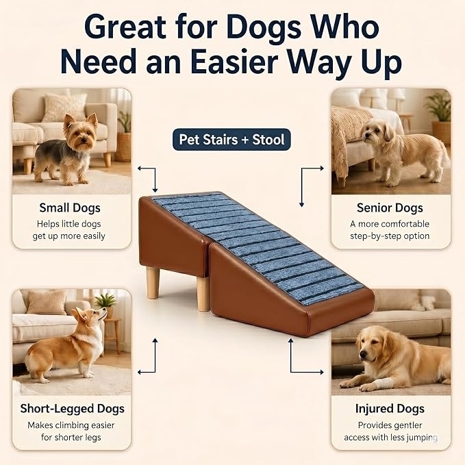 Dog Stairs for Small Dogs, Dog Stairs for Couch& Bed, Non-Slip Foldable 2-in-1 Pet Steps for Cats, Leather Ottoman (Brown, Large, 1.0)