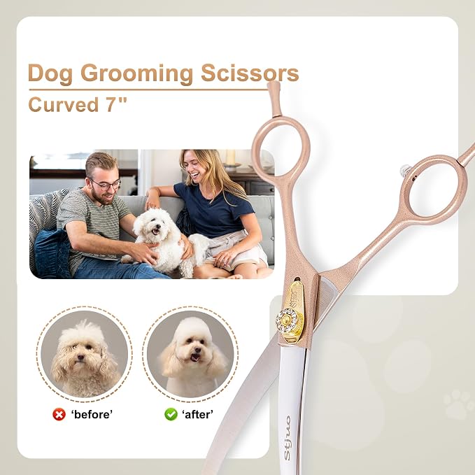 7'' Curved Dog Grooming Scissors, Professional Japanese 440C Stainless Steel Pet Grooming Shears with Silencer for Dogs and Cats, Sharp & Ergonomic Hair Trimming Scissors for Face, Paws & Body