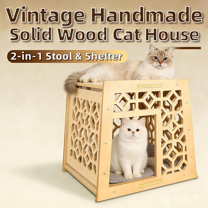 Indoor Solid Wood Cat House, Handcrafted Vintage Carved Hollow Design, Natural Wood Finish, Easy Assembly & Cleaning, Elegant Pet Shelter for Feline Friends