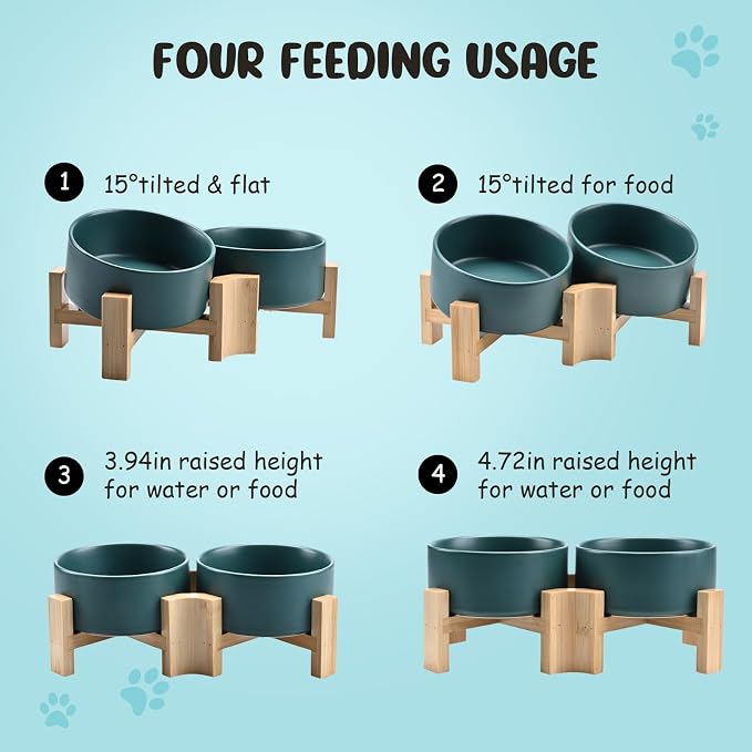 SPUNKYJUNKY 15° Slanted Ceramic Dog and Cat Bowl with Wooden Stand, Tilted Bulldog Food and Water Bowl No Slip Non-Spill for Cats Medium Dogs Big Face Pets 28.7 OZ (3.6 Cups, Green × 2)