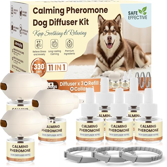Dog Pheromones Calming Diffuser to Calm Dogs 11 IN 1 Kit (3 Diffusers+5 Refills+3 Collars) Pheromone Plug In for Stress Barking Pee Accidents Chewing Aggression Separation Anxiety Relief(Odorless)