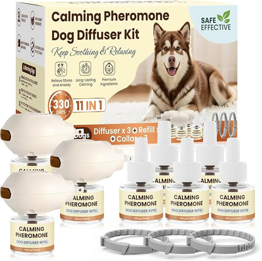 Dog Pheromones Calming Diffuser to Calm Dogs 11 IN 1 Kit (3 Diffusers+5 Refills+3 Collars) Pheromone Plug In for Stress Barking Pee Accidents Chewing Aggression Separation Anxiety Relief(Odorless)