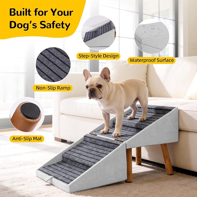 Dog ramp for Small Dogs, 2-in-1 Pet Steps & Ottoman - Foldable Dog ramp for Couch, Non-Slip Wooden Pet ramp for Puppy Senior Injured Dogs (Light Grey, XL(17.13H))