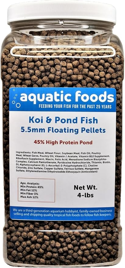 Koi and Pond Fish Pellet Food, 45% Protein 5.5mm Floating Koi Pond Pellets…4-lb Jar