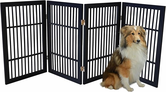 Urnporium Pet Dog Gate Freestanding, Strong Durable Folding Wooden Fence, Portable Acacia Hardwood Safety Barrier for Indoor & Outdoor Use (Black Pet Gate, 4 Panel 30" Tall)