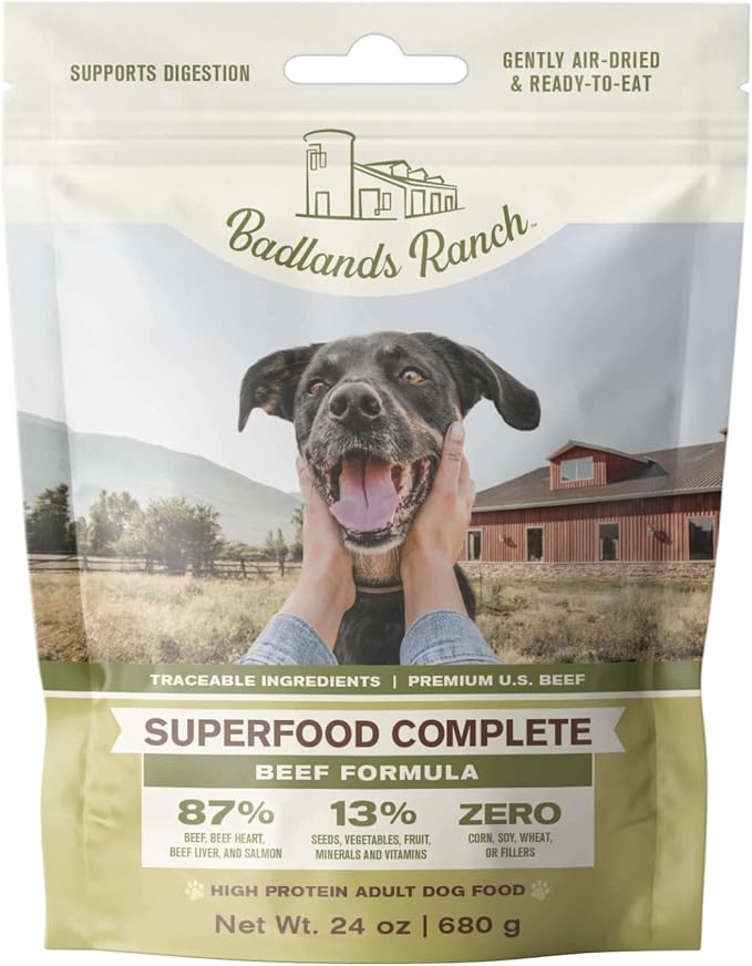 BADLANDS RANCH Superfood Complete Beef 24 oz., Super Gut Biotics, Freeze Dried raw Beef Liver Dog Treats 4 oz.