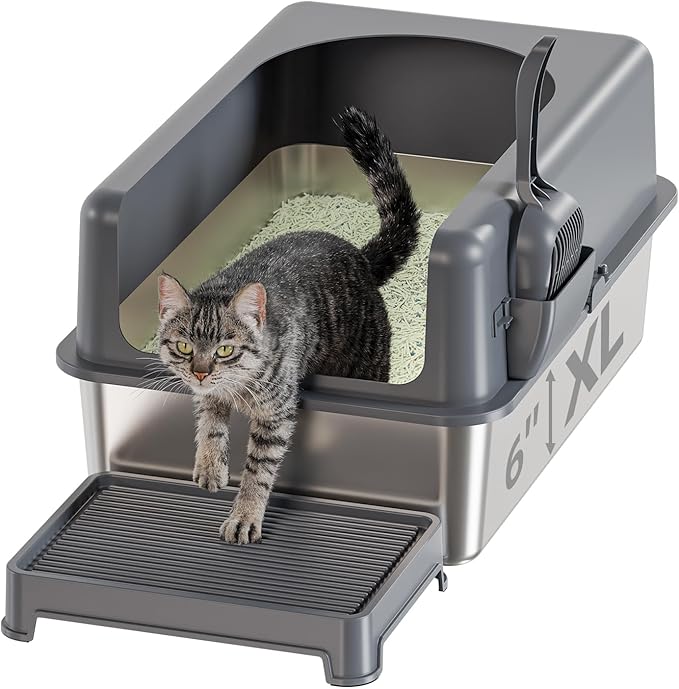 Booche High-Sided Stainless Steel Cat Litter Box,Stainless Steel Litter Box with Lid,Extra Large Cat Toilet, Easy-to-Clean Metal Litter Pan for Cats (24''L X 16''W X 12''H with Scoop&mat)