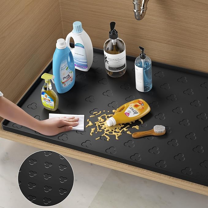 Under Sink Mat 34" x 22" Waterproof Kitchen Cabinet Mat, Flexible Under Sink Liner, Kitchen Bathroom Cabinet Mat Protector for Drip Leak Spill (Black)