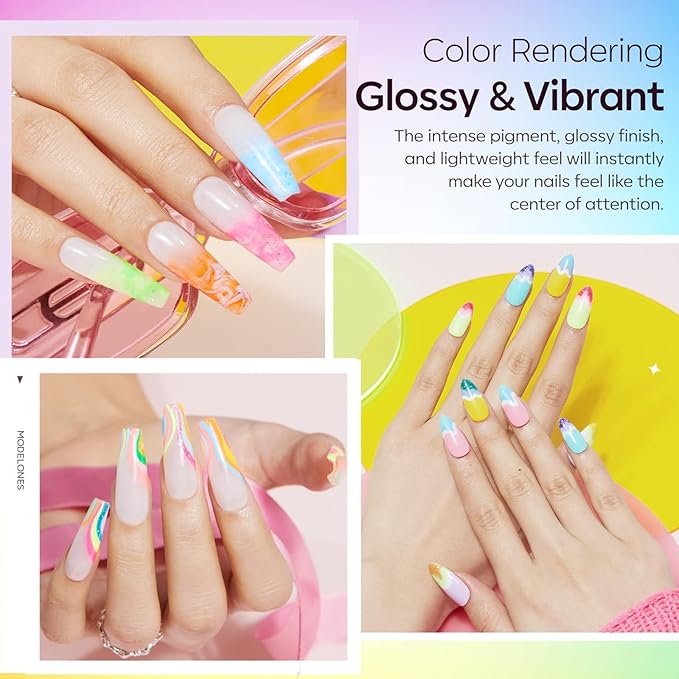 modelones 40 Pcs Gel Nail Polish Set, 36 Colors Rainbow Neon Gel Polish Bright Hot Pink Green Yellow Purple Blue Glitter Nail Gel Polish with Soak Off Base Coat& Matte Glitter Glossy Top Coat