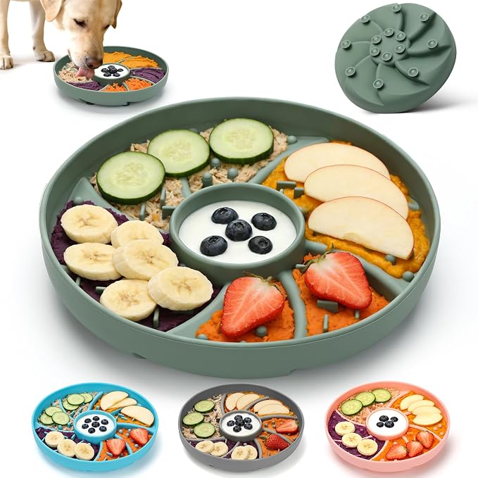 Silicone Dog & Cat Slow Feeder Bowl Lick Mat with Strong Suction Cups, Anti-Spill Design, Multi-Textured, Extend Mealtime, Reduce Anxiety, Dishwasher Safe, All Breeds & Ages (Green)