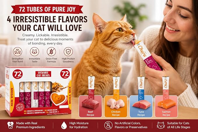 Premium Lickable Cat Treats - 72 Squeeze Tubes (0.5oz) | High-Protein Grain-Free Variety Pack | Hydrating Creamy Snacks for All Cats | Vet-recommended formula with real meat & fish ingredients supports healthy digestion, skin & coat while encouraging h...