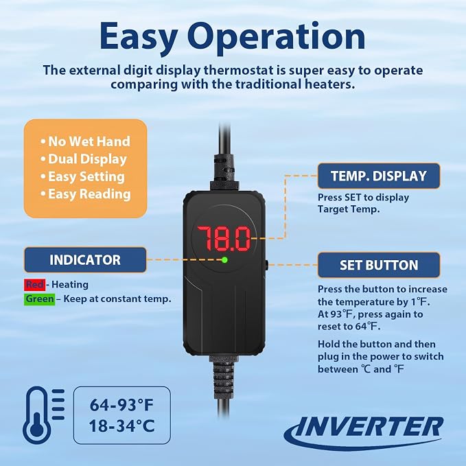 AquaMiracle Submersible Aquarium Heater with LED Digital Temp Display, Fish Tank Heater with Dry-Run & Over-Temp Protection, for Freshwater Saltwater Aquariums(50W/5-10Gal)